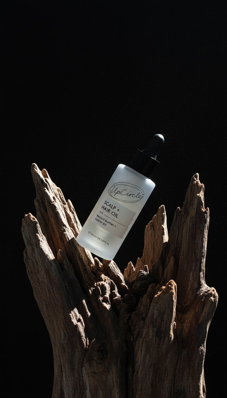 AI product shot of Scalp + Hair Oil with Bacuri Butter + Castor Oil