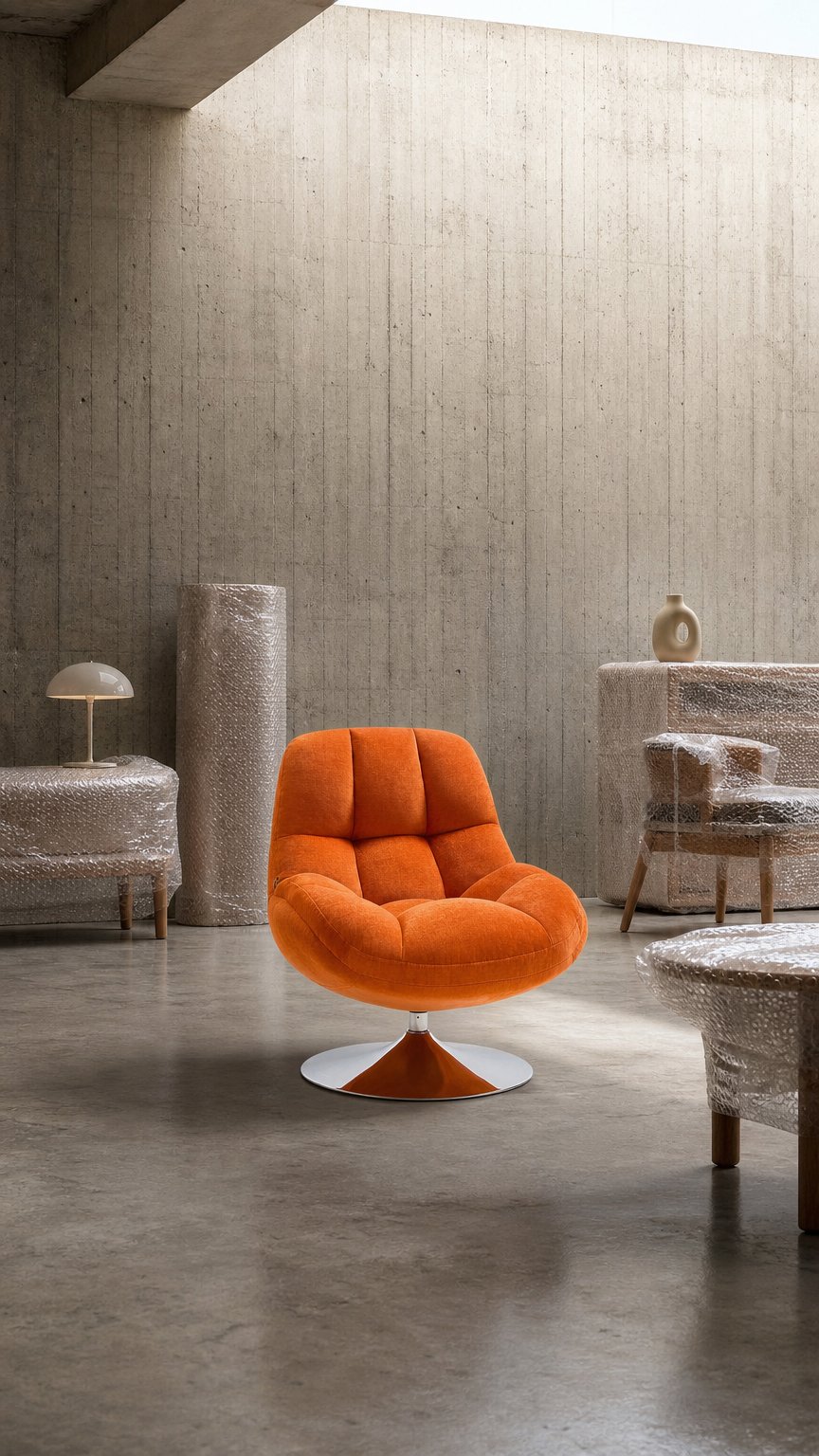 AI product shot of Mogliano - Drehsessel aus Stoff und verchromtem Metall - Orange