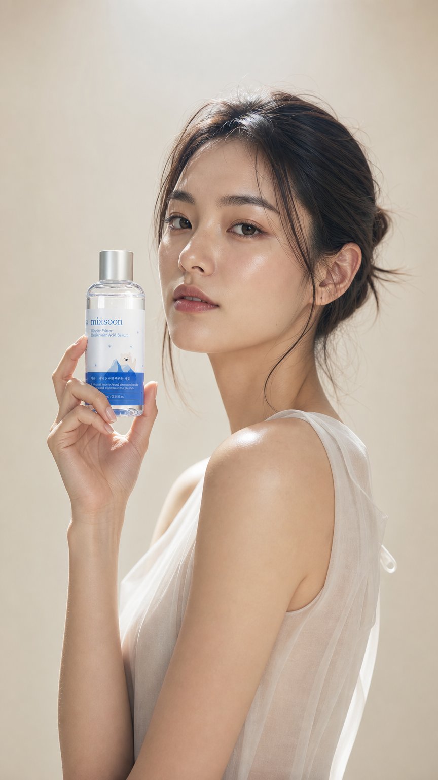 AI product shot of Mixsoon Glacier Water Serum z kwasem hialuronowym 100ml