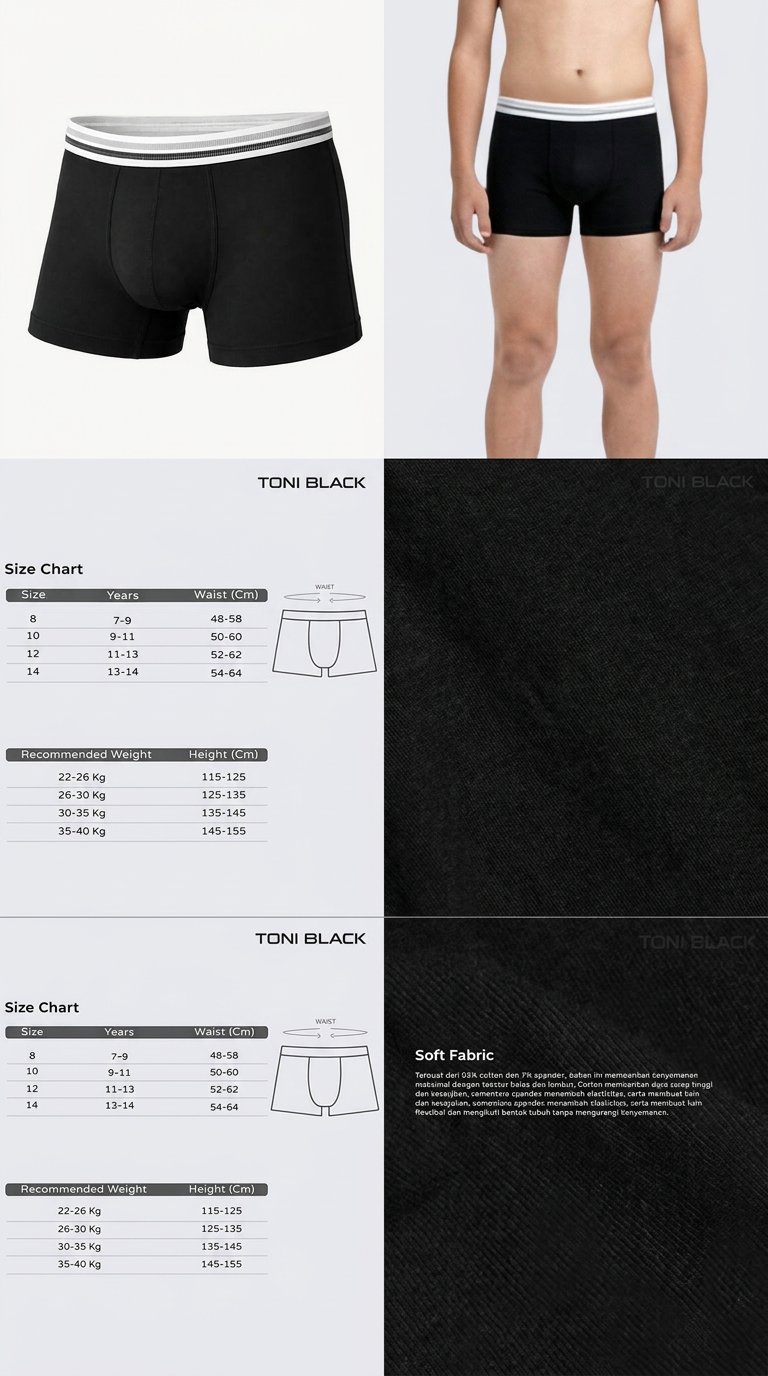 AI product shot of TONI BLACK Kids Cotton Stretch Boxer Brief