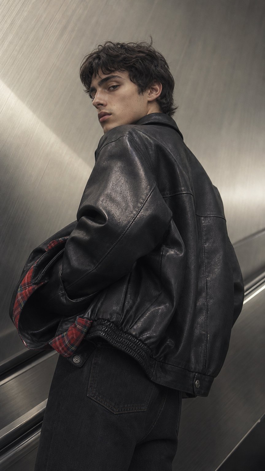 AI product shot of Lautaro-Plaid Patchwork Pu Leather Jacket for Women, Oversized, Soft, Reversible, Long Sleeve, Luxury Designer Clothing, Spring