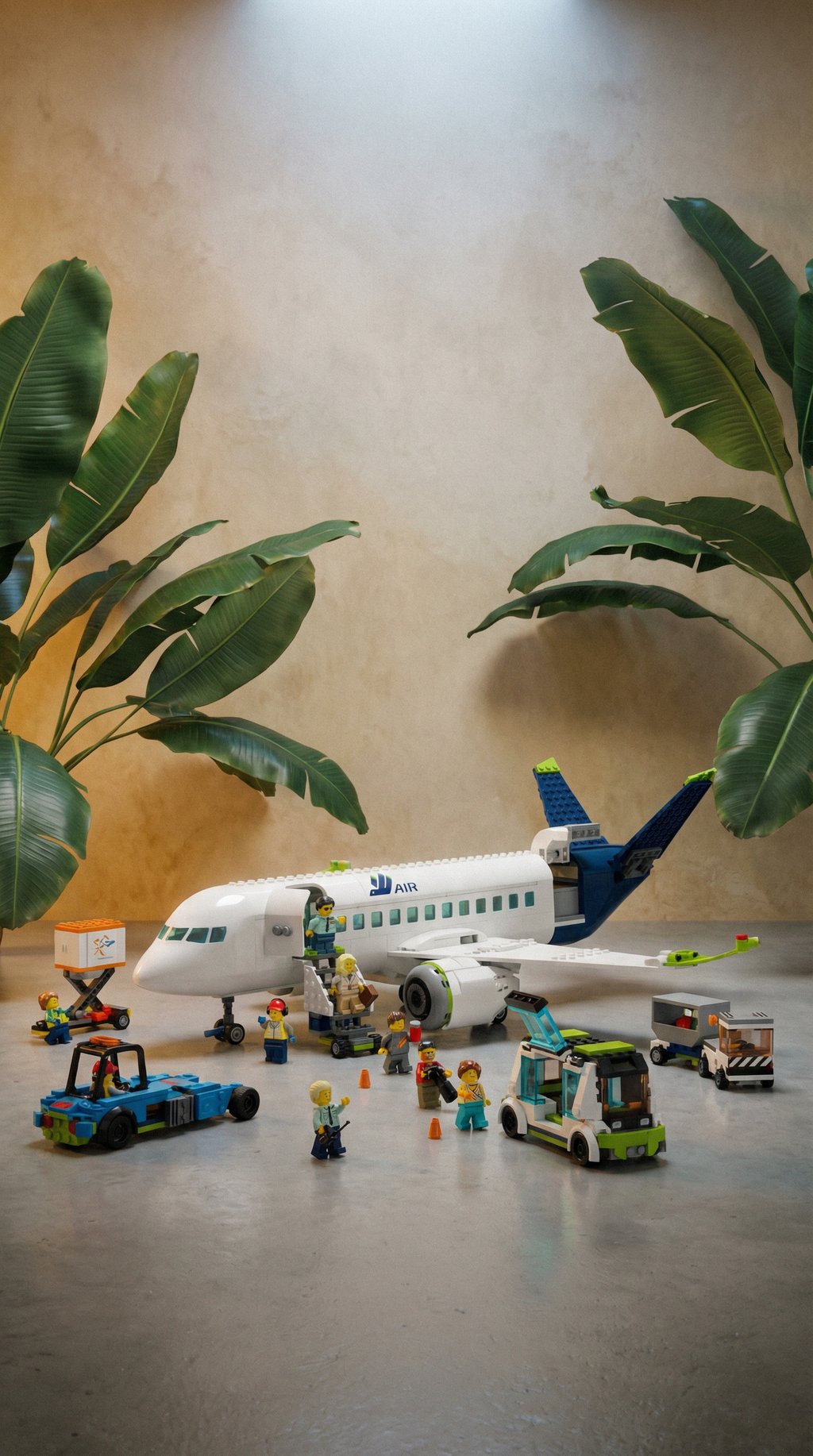 AI product shot of LEGO 60367 City Passenger Aeroplane Toy Building Set, Large Plane Model with Airport Ground Crew Vehicles: Apron Bus, Pushback Tug, Catering Loader, Baggage Truck plus 9 Minifigures, Ramadan Gift