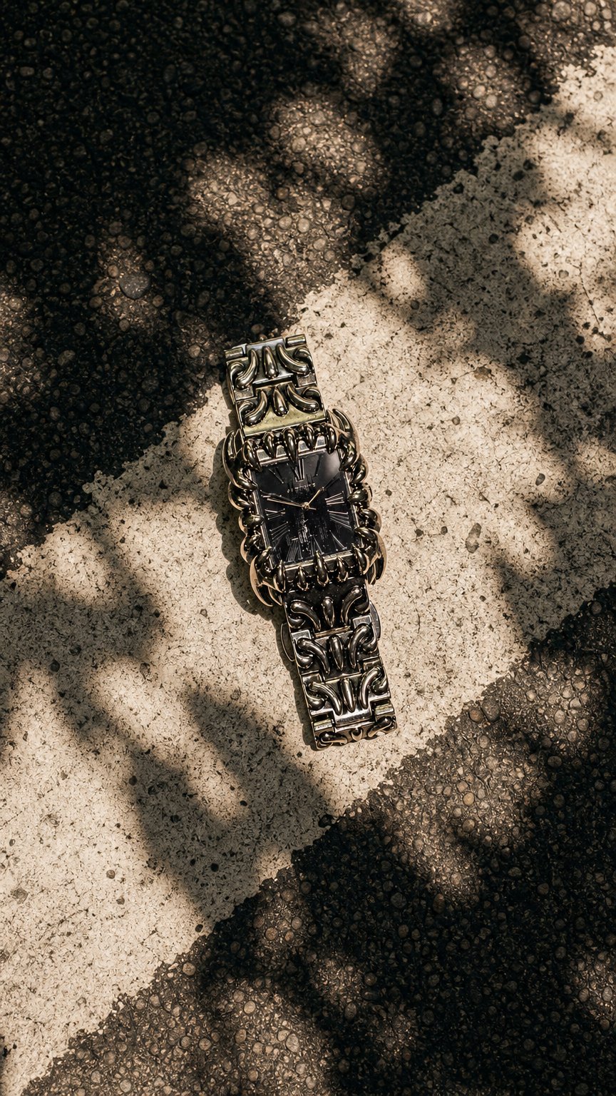 AI product shot of "CLAW CATHEDRAL" TANK WATCH