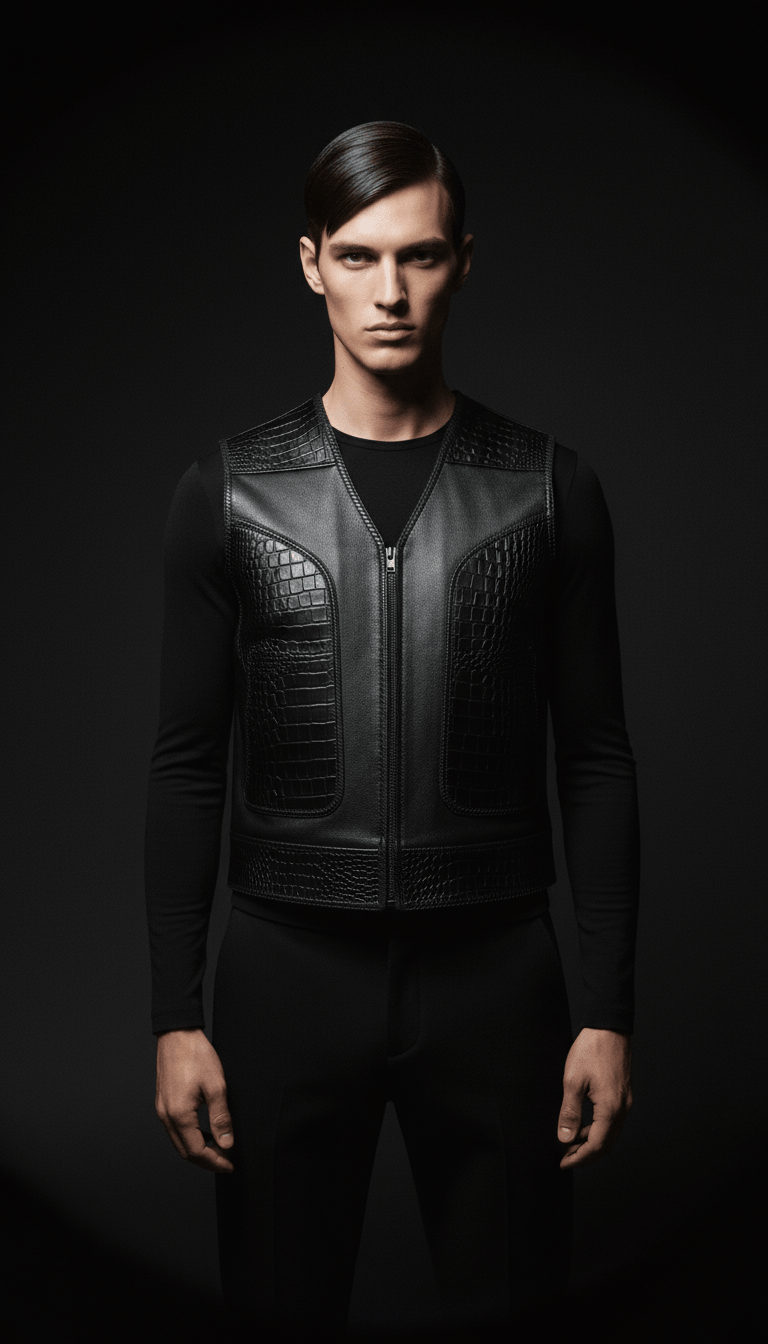 AI product shot of AUS BLACK OFF THE RACK LEATHER / CROC Vest