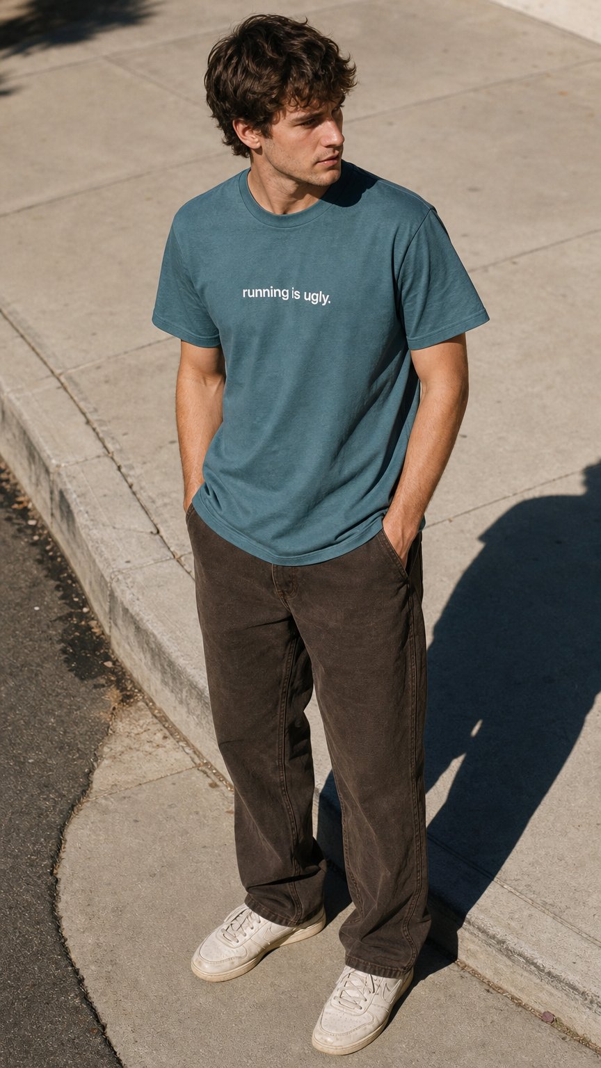 AI product shot of tee, running is ugly, green day.