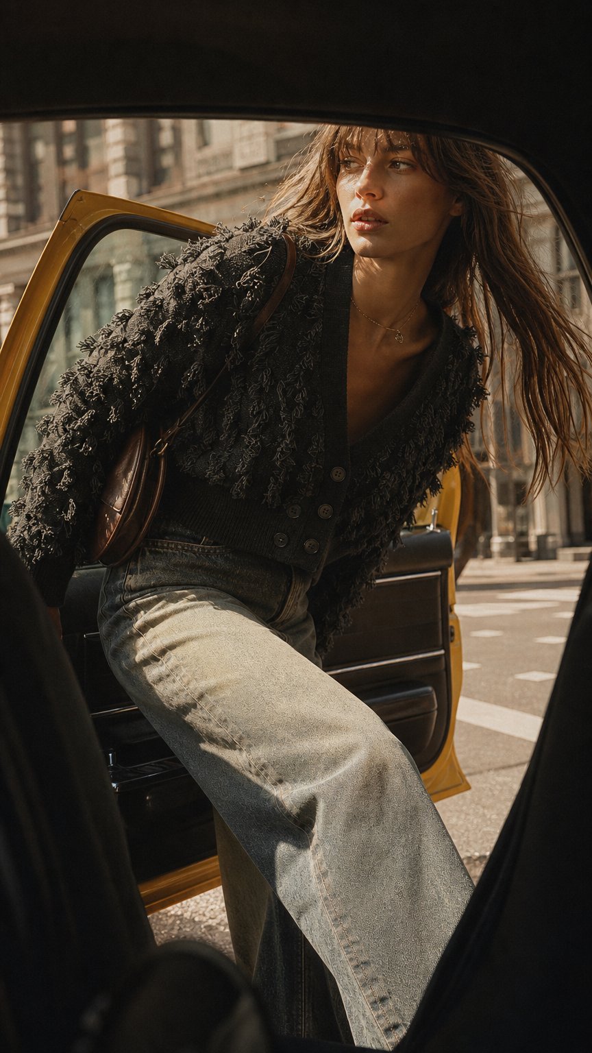 AI product shot of Fringed Checkerboard Cardigan in Black