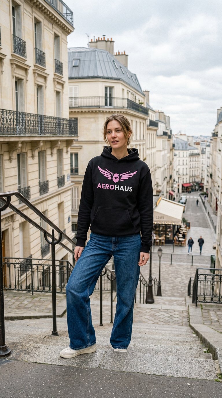 AI product shot of Aerohaus Her Travel hoodie