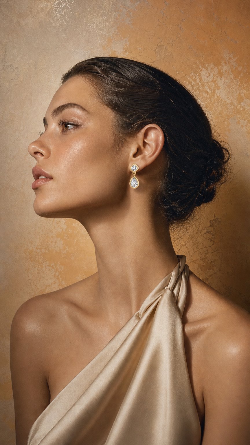 AI product shot of 18k Gold Cushion & Pear Bezel Lab Diamond Drop Earrings