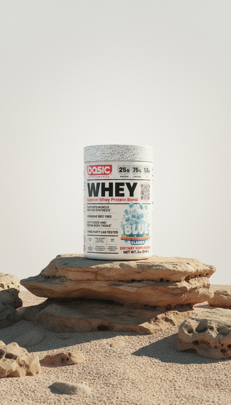 AI product shot of Basic Whey Protein - Blue Marshmallow