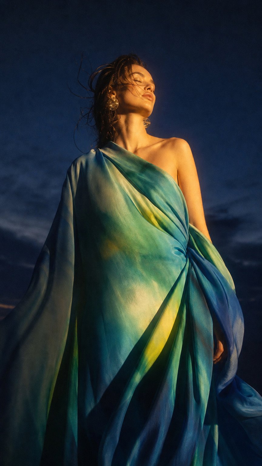 AI product shot of SS2026 zijden twill watery colors panel