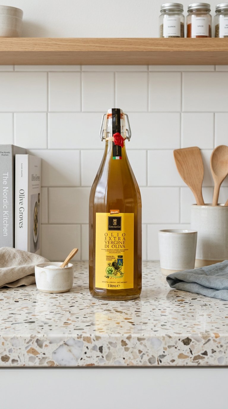 AI product shot of Biodynamic Extra Virgin Olive Oil - 1L Glass Bottle, Cold Pressed Coratina Olives