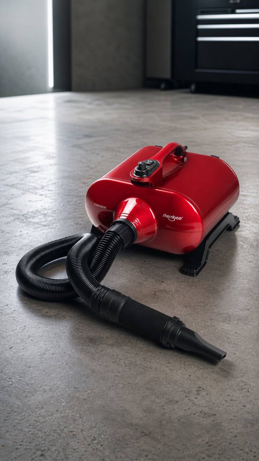 AI product shot of Shernbao Typhoon - dwusilnikowa suszarka stołowa, 3000W, 150l/s, czerwona
