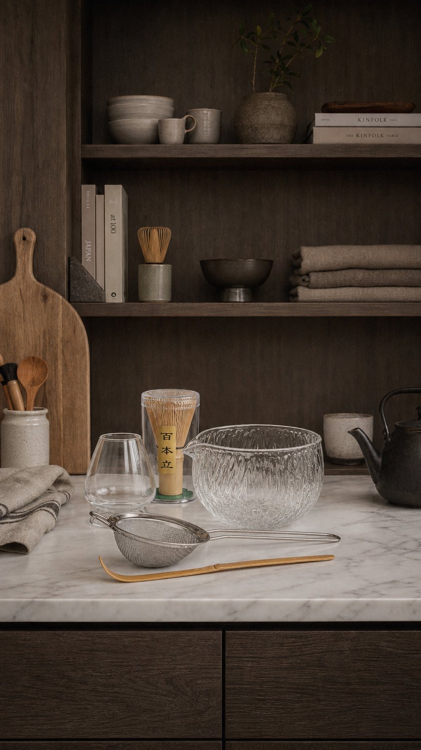 AI product shot of 5-piece Matcha Tea Set (Glass Bowl, Whisk, Stand, Scoop, Strainer)