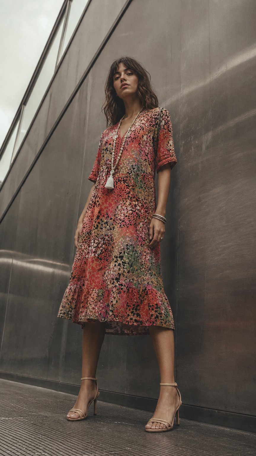 AI product shot of Cotton Knee-Length Dress Summer Elegant Floral Pattern V-Neck Shift Sun Dress