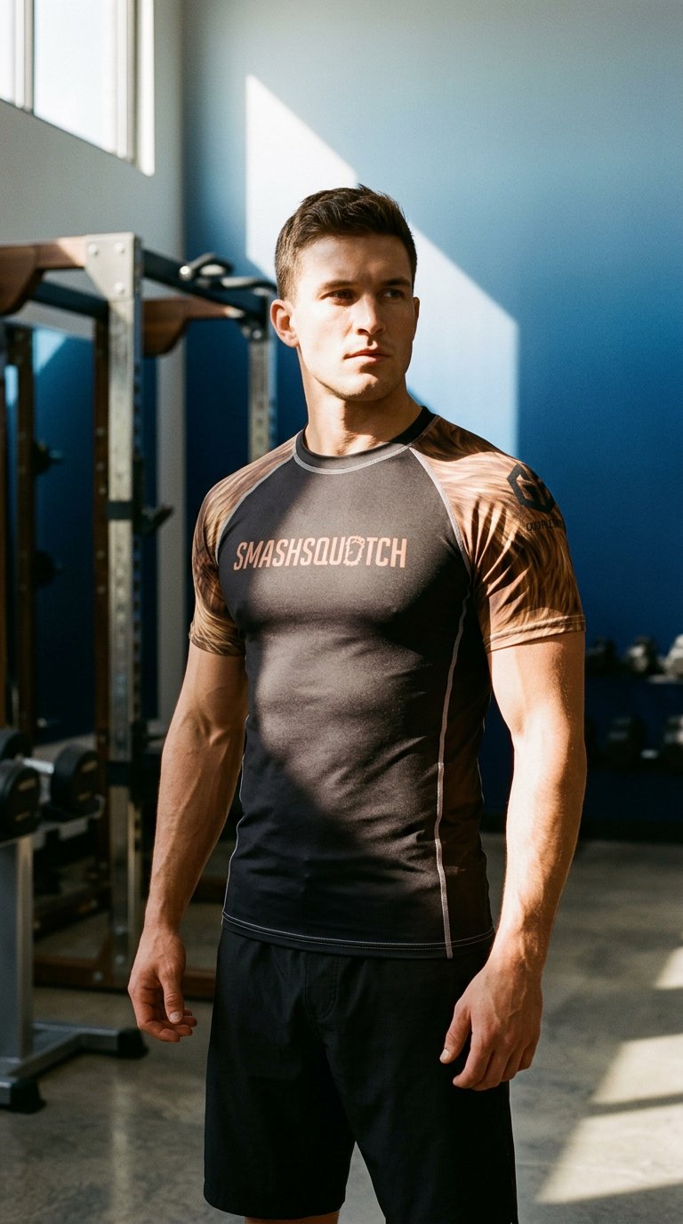 AI product shot of SMASHSQUATCH BROWN | BJJ Rash guard | Short Sleeve