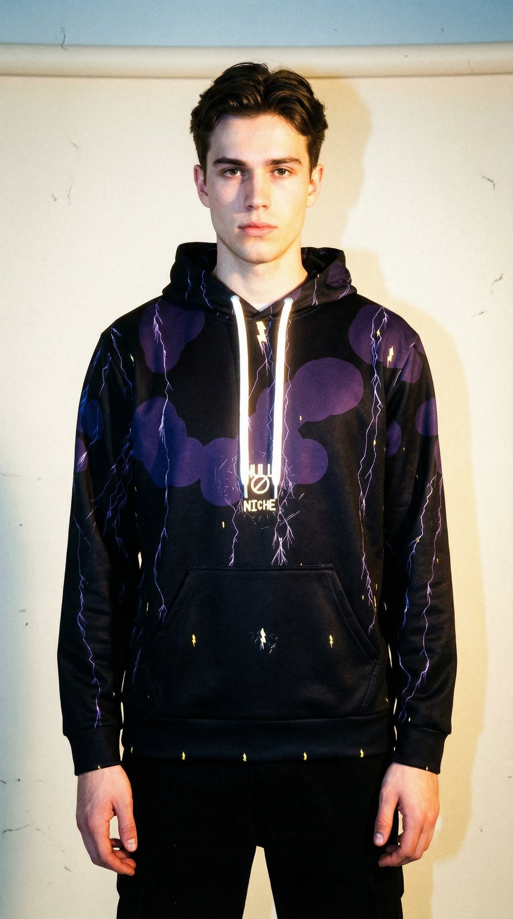 AI product shot of Stormweaver Hoodie — Purple Lightning & Celestial Sparks