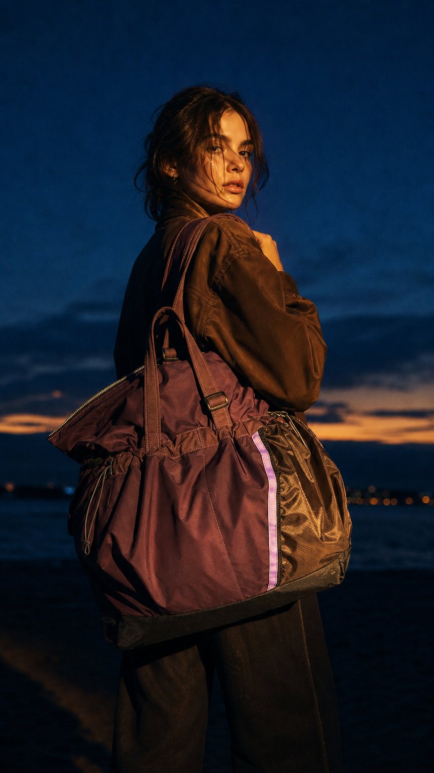AI product shot of Purple Italian Nylon Slouch Tote Pre-Order
