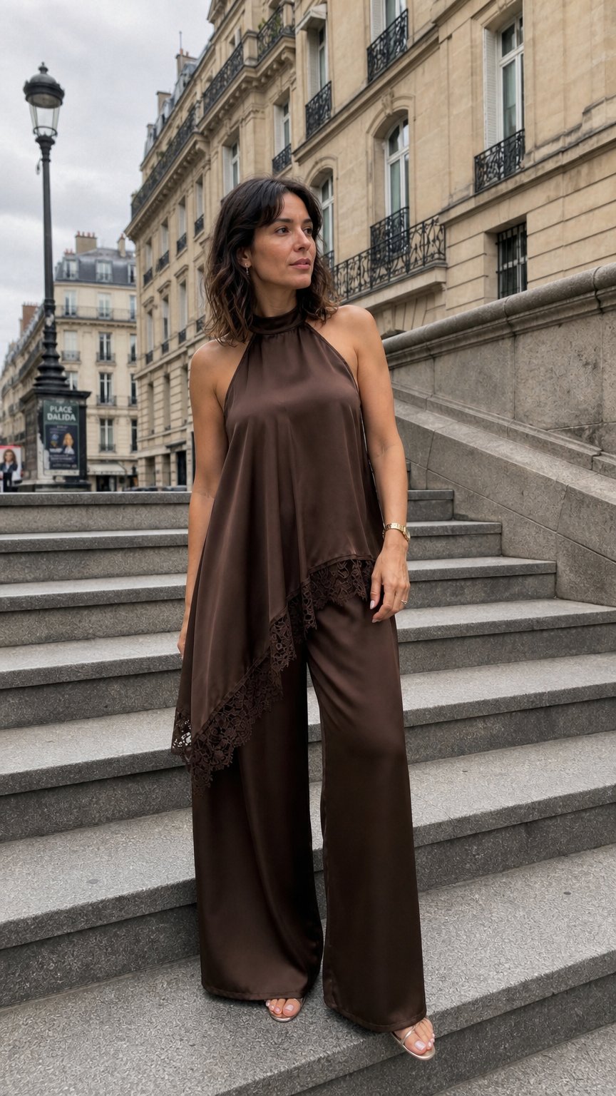 AI product shot of Ensemble asymétrique en satin et dentelle
