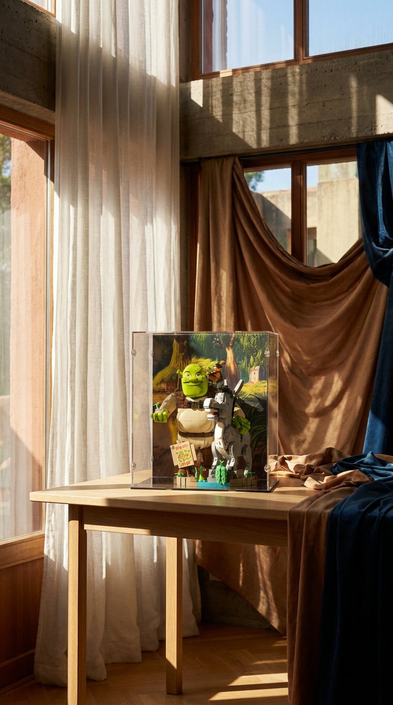 AI product shot of Shrek, Donkey & Puss in Boots Display Case for LEGO 72423