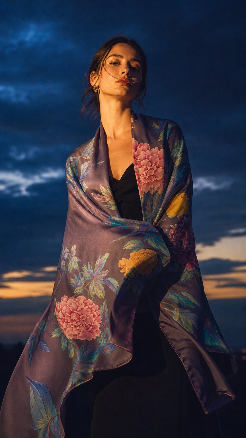 AI product shot of Lapis Light Silk Shawl