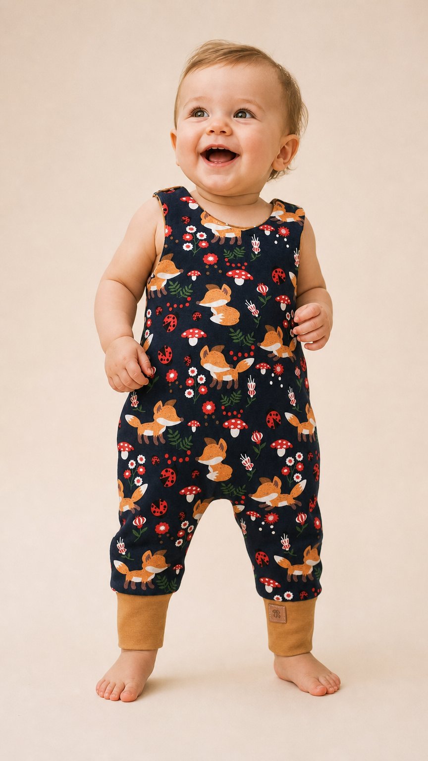 AI product shot of WALDTIERE NAVY BEIGE Strampler