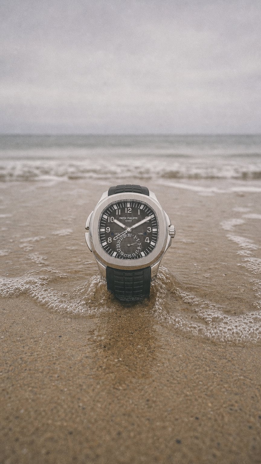 AI product shot of Patek Philippe Aquanaut Travel Time Ref. 5164A-001.