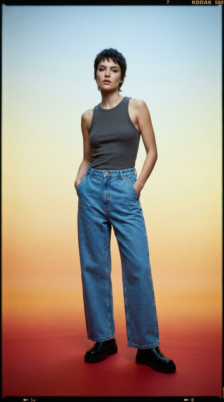 AI product shot of Blue Stone Mid Waist Denim Pants