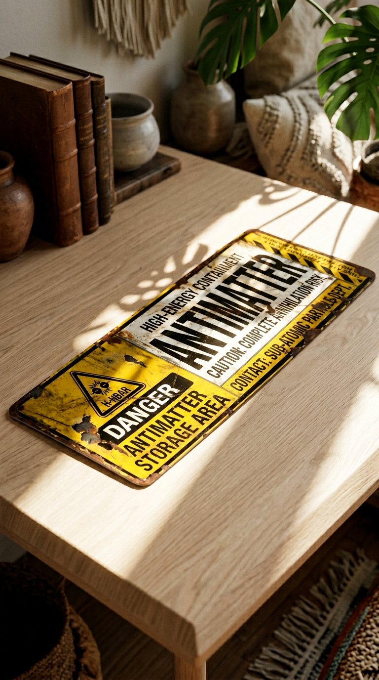 AI product shot of Antimatter Storage Area Danger High-Energy Containment Metal Sign