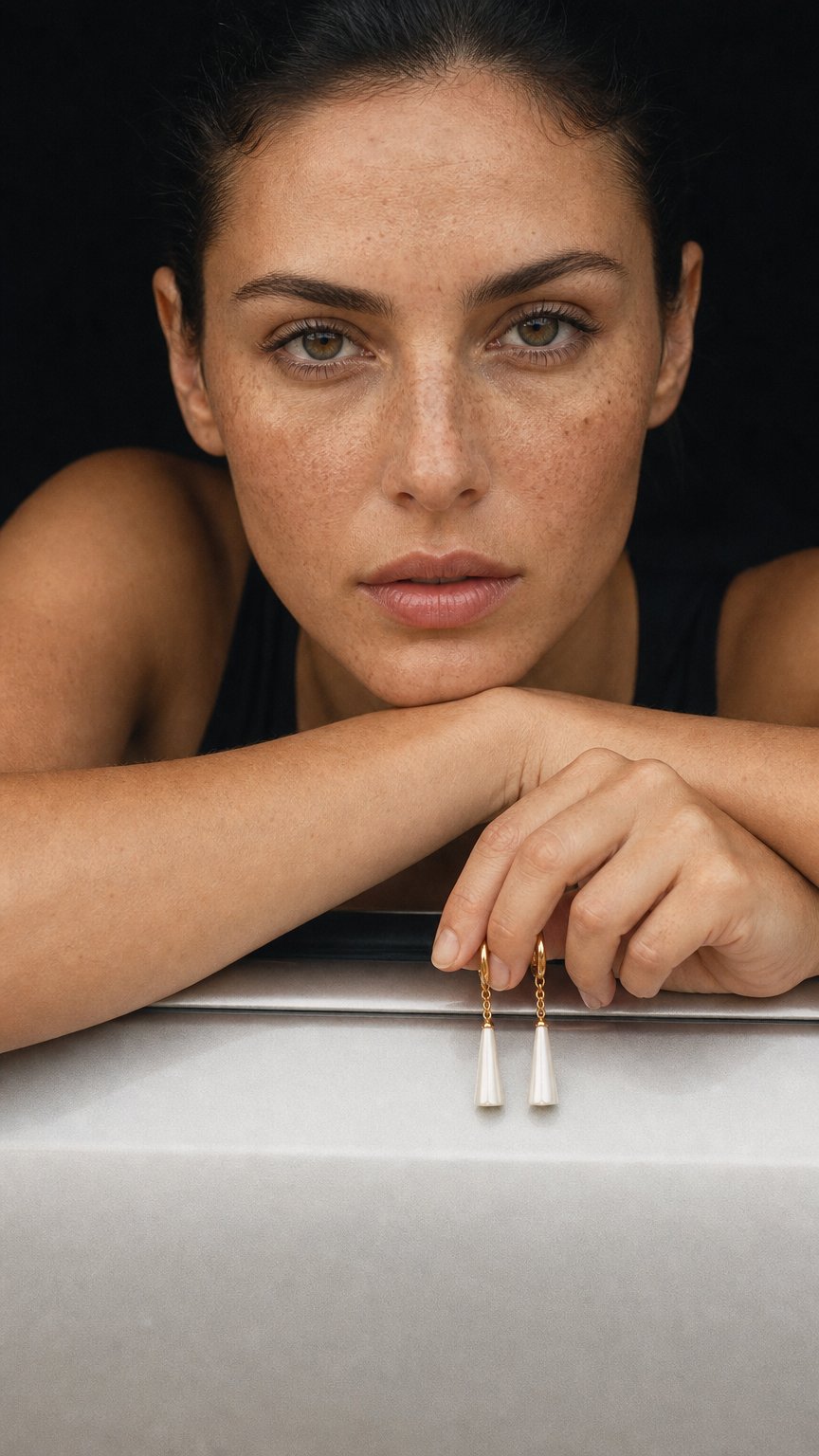 AI product shot of Selene Pearl Drop Huggie Earrings