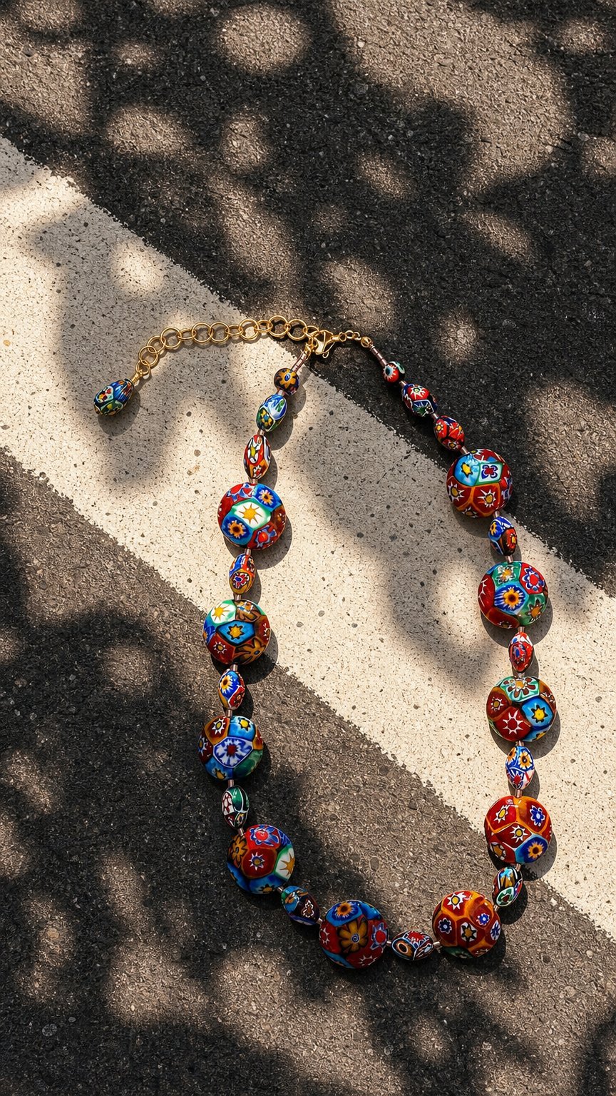 AI product shot of Rosario Leonardi Murano Coin Shaped Millefiori Glass Bead Necklace Featuring Ercole Moretti Beads