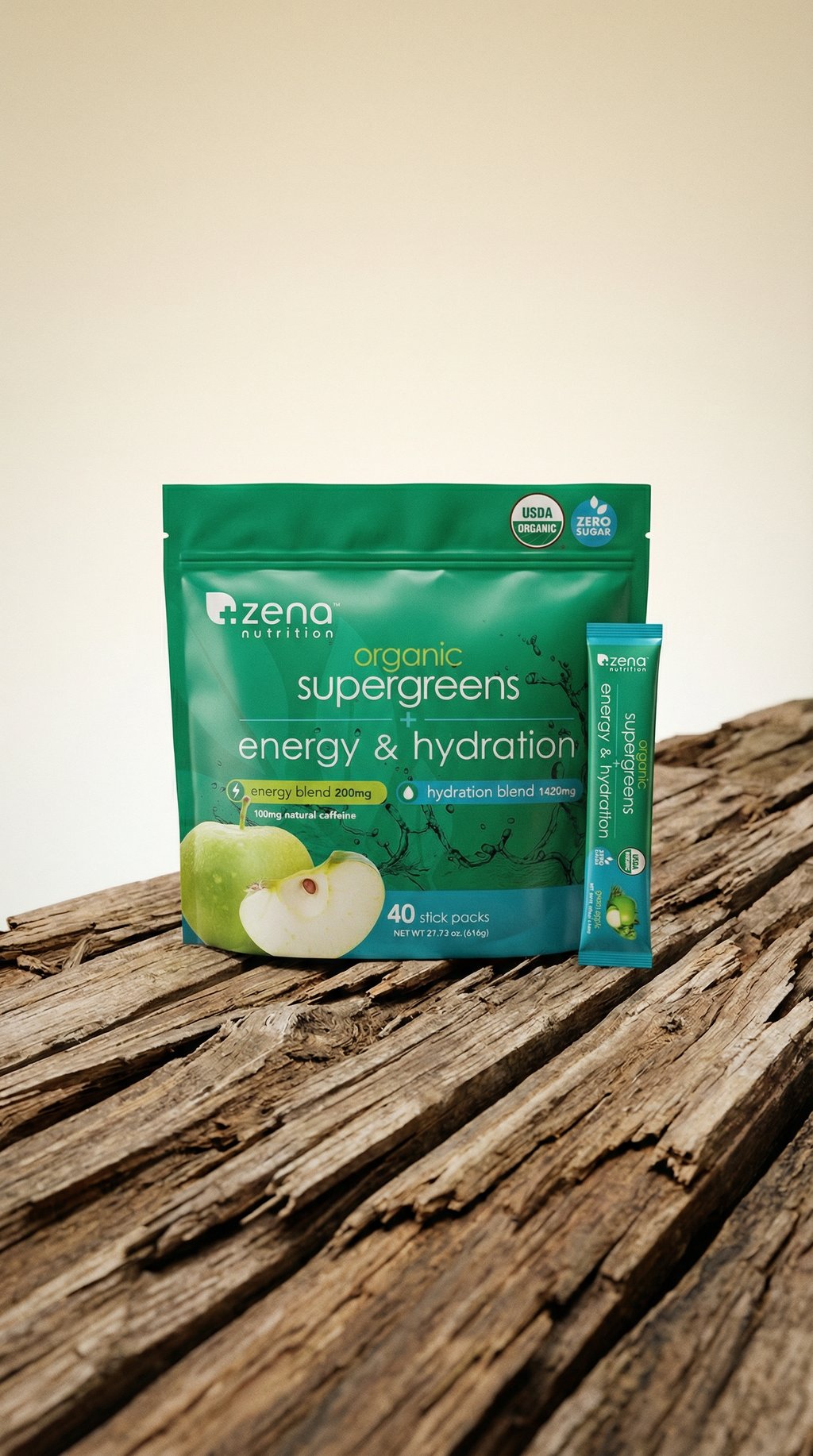 AI product shot of Zena Supergreens + Energy + Hydration