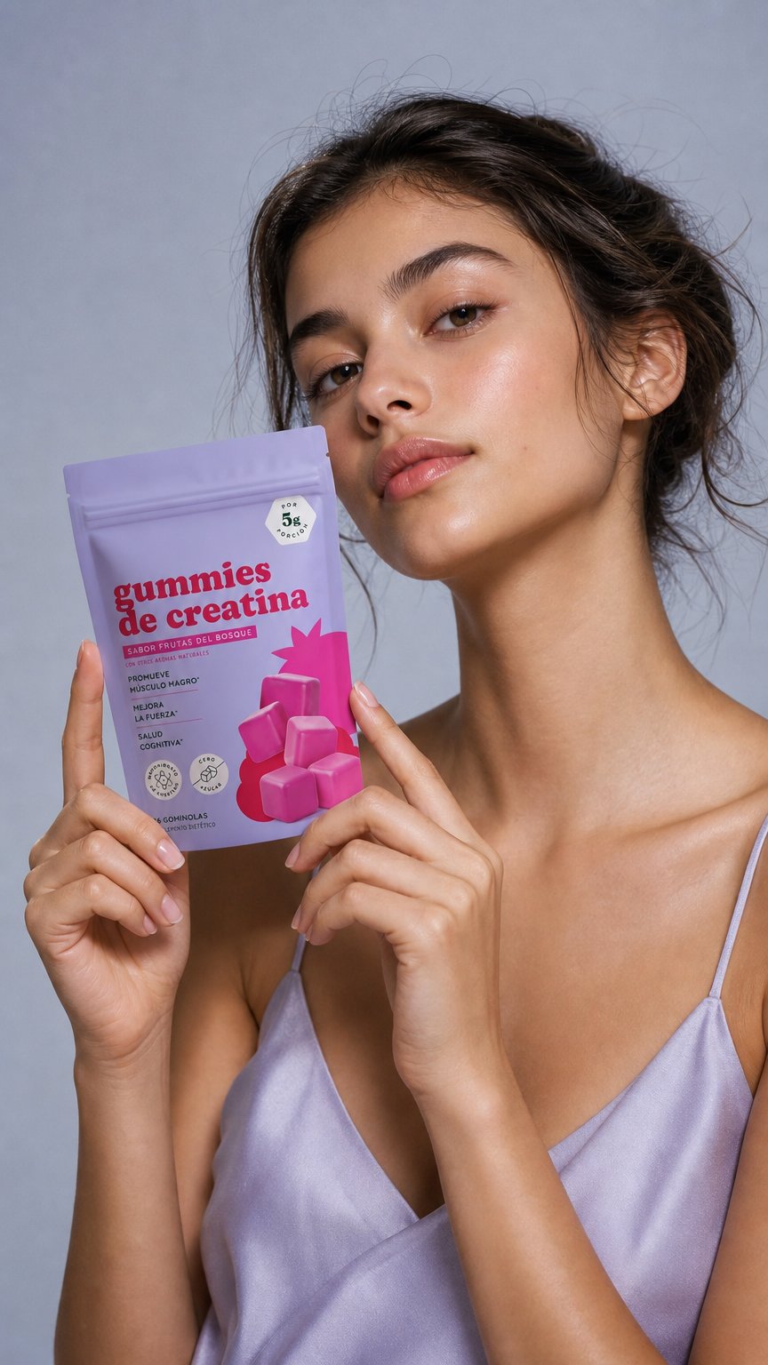 AI product shot of Gummies Creatina · Frutas del Bosque