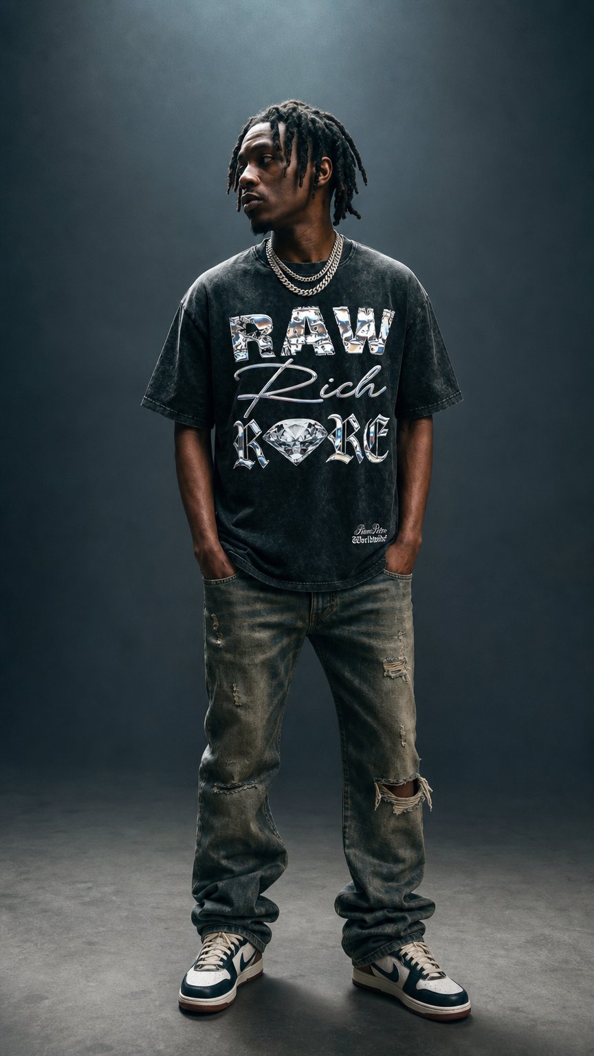 AI product shot of RAW RICH RARE x RISEN RETRO Snow Washed Oversized Cotton T-Shirt