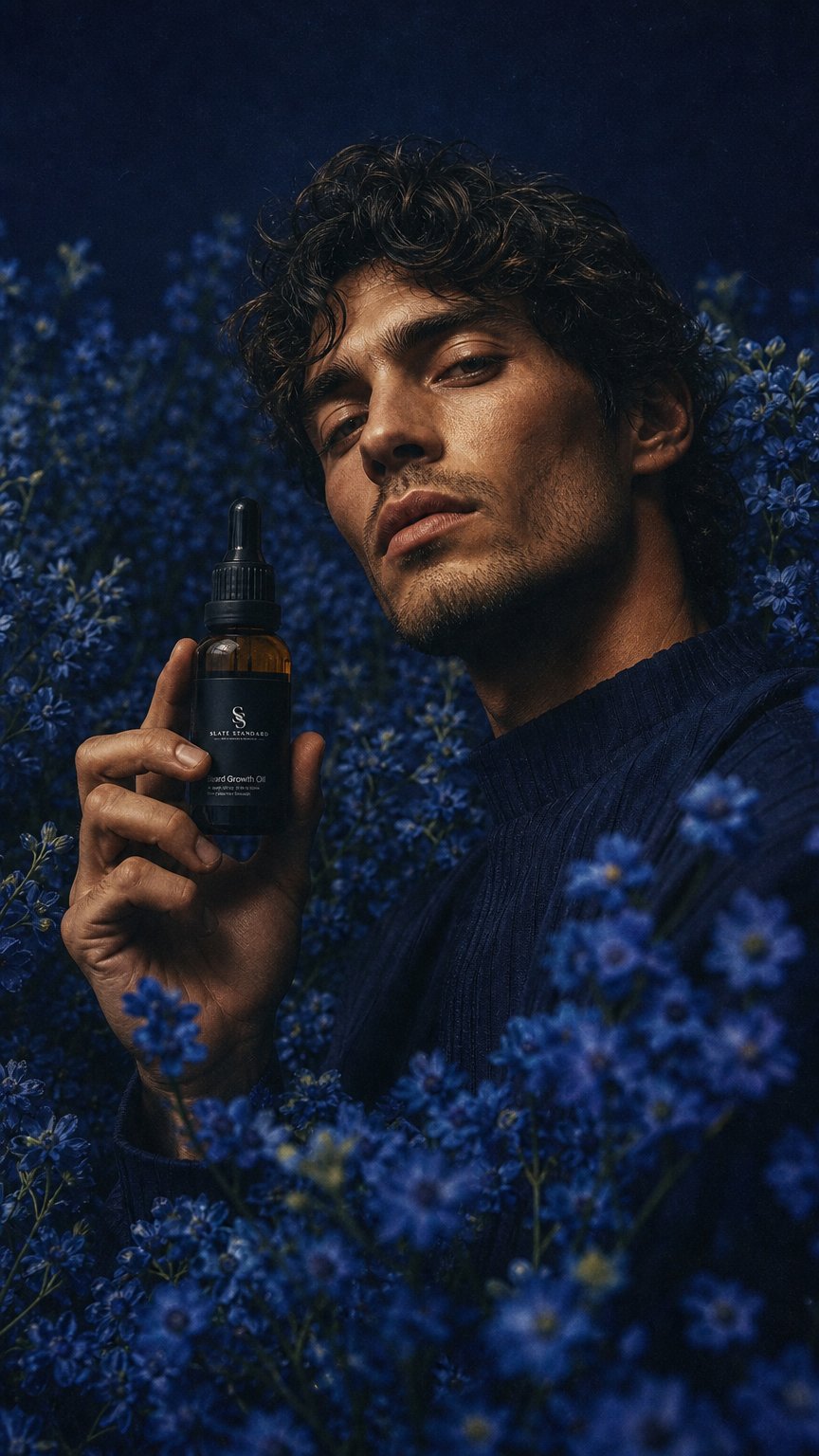 AI product shot of Slate Standard - Hemp Infused Beard Growth Oil