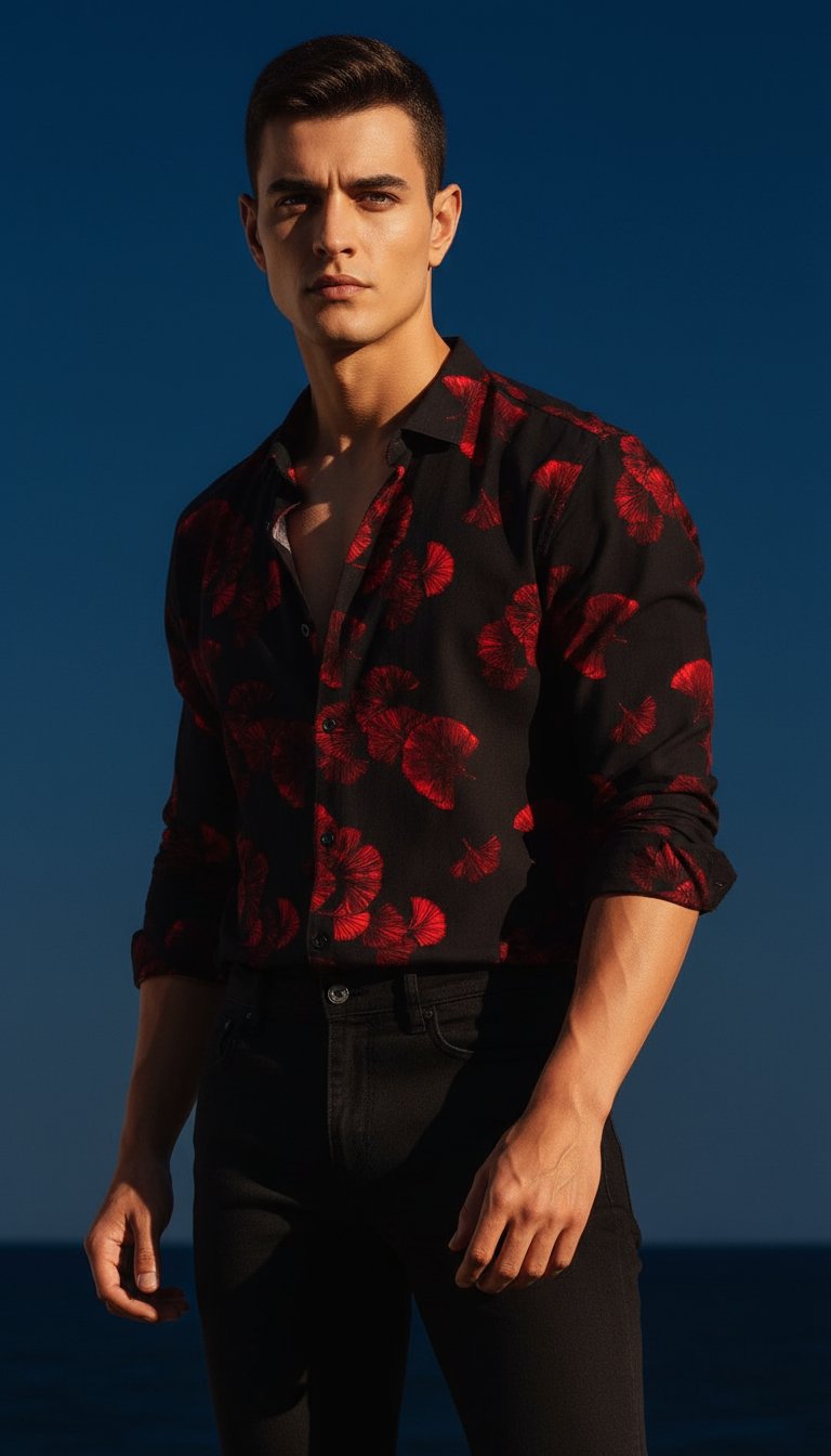 AI product shot of HERE&NOW Men Slim Fit Floral Opaque Printed Casual Shirt