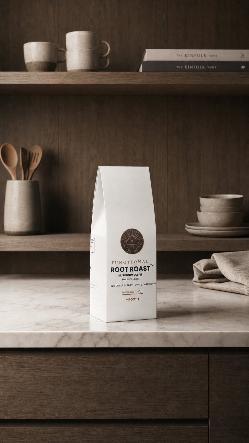 AI product shot of FUNGTIONAL ROOT ROAST Mushroom Coffee (Medium Roast)