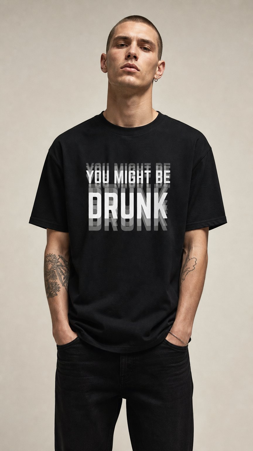 AI product shot of You Might Be Drunk – Graphic T-Shirt (Black) | BUZZED CO.