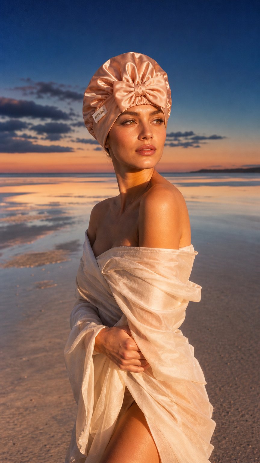 AI product shot of Kit Setavera – Bonnet, Heatless Curler e Scrunchie in Seta Mulberry 22 Momme