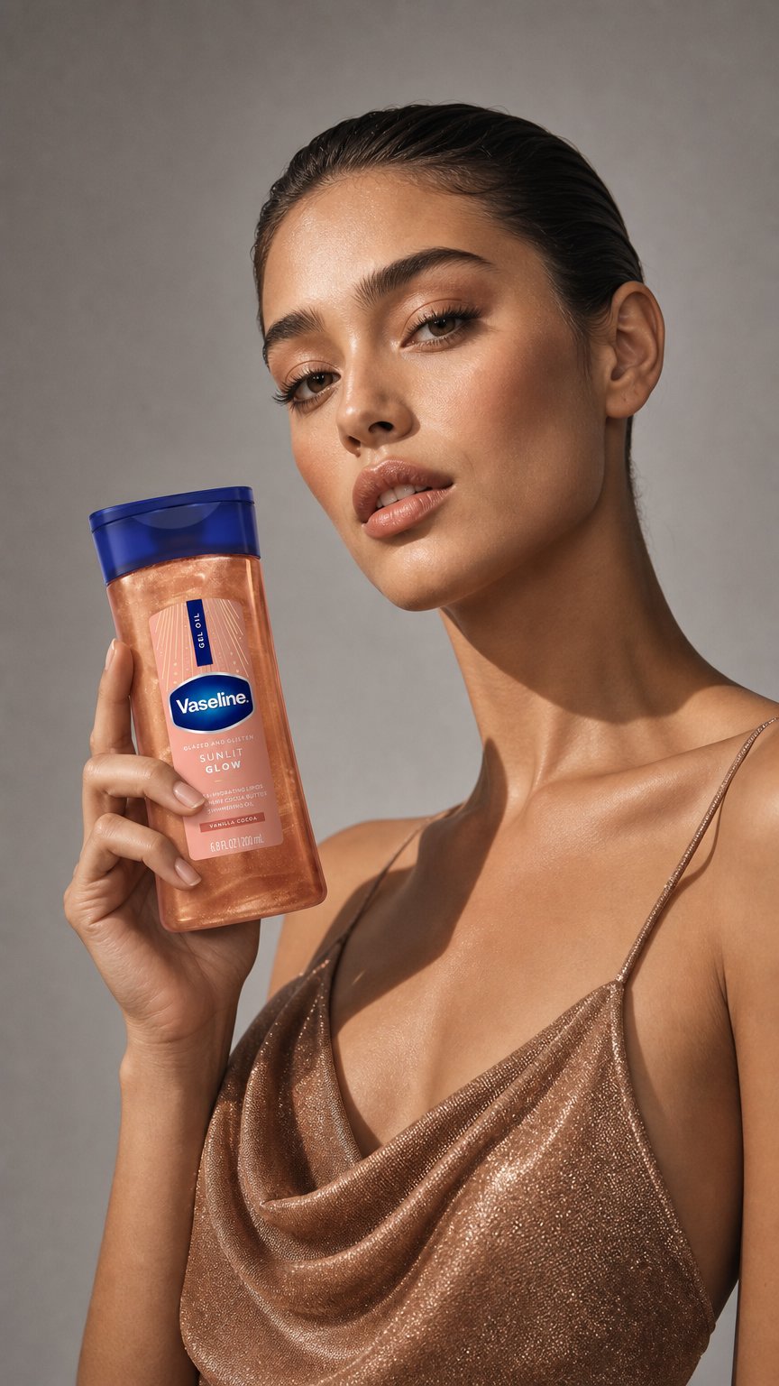 AI product shot of Vaseline Sunlit Glow Body Shimmer Gel Oil 200ml
