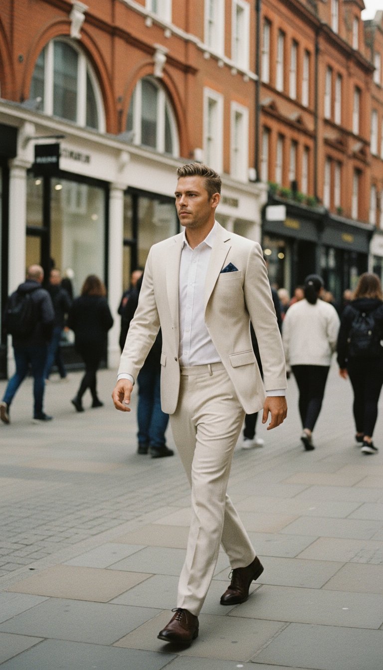 AI product shot of Astor Sand Linen Blend Suit