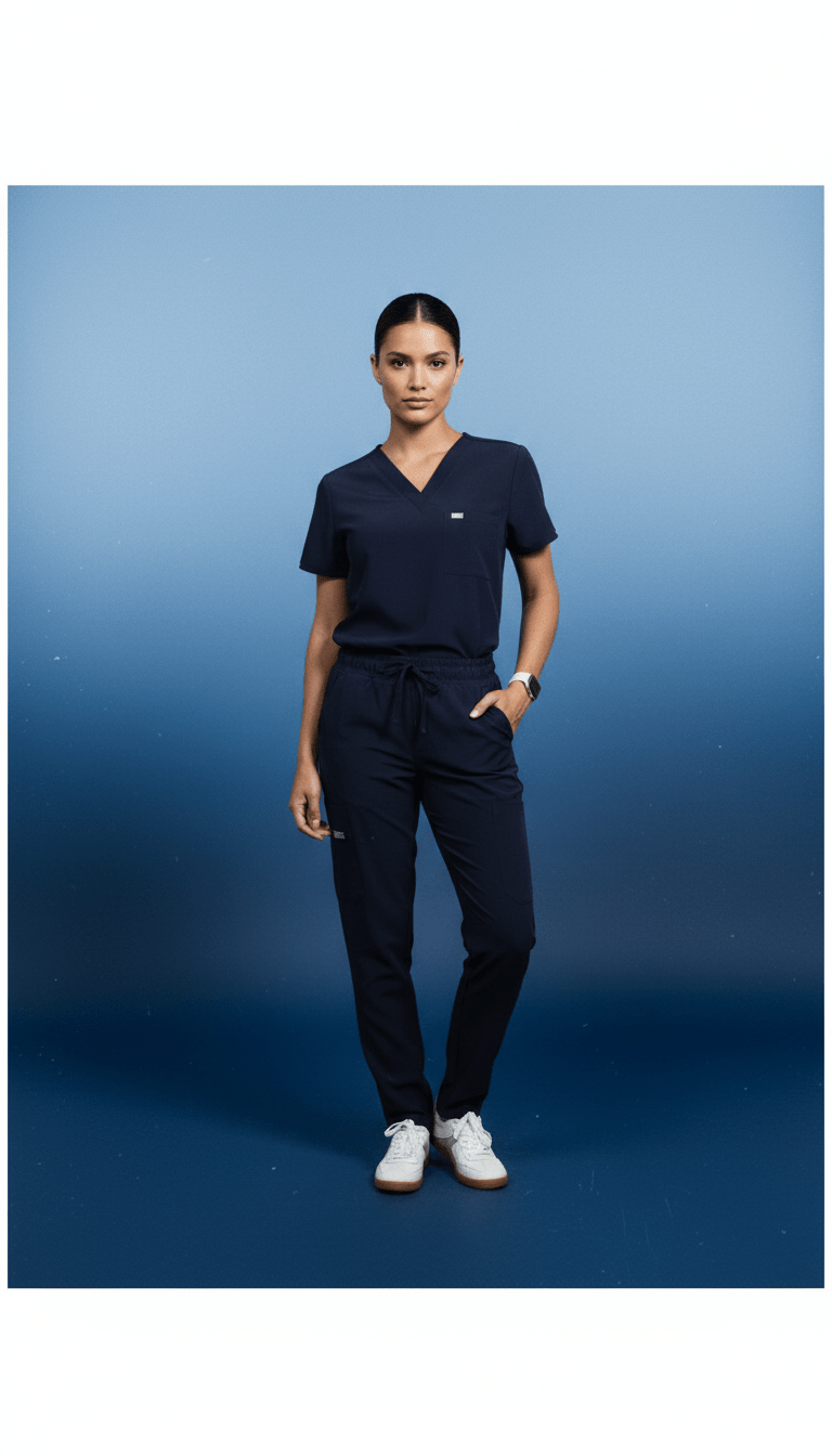 AI product shot of IRONIK Navy Blue Scrub Set - Top & Cargo Pants
