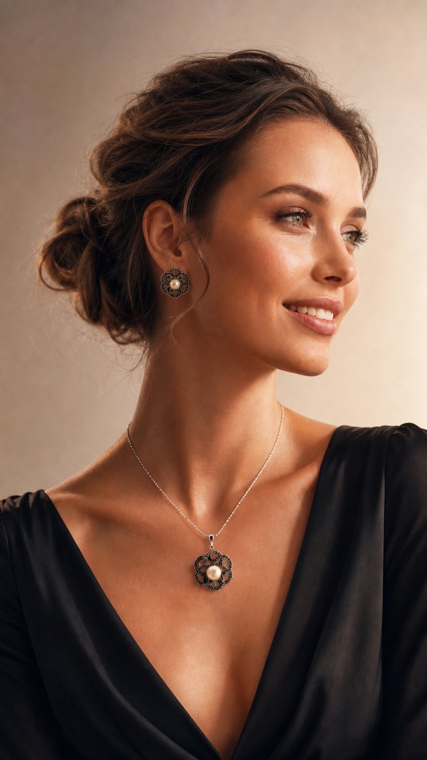 AI product shot of Schmuckset aus 925er Silber, rosévergoldet, mit rosa floralem Anhänger und Ohrhängern mit Schmuckstein