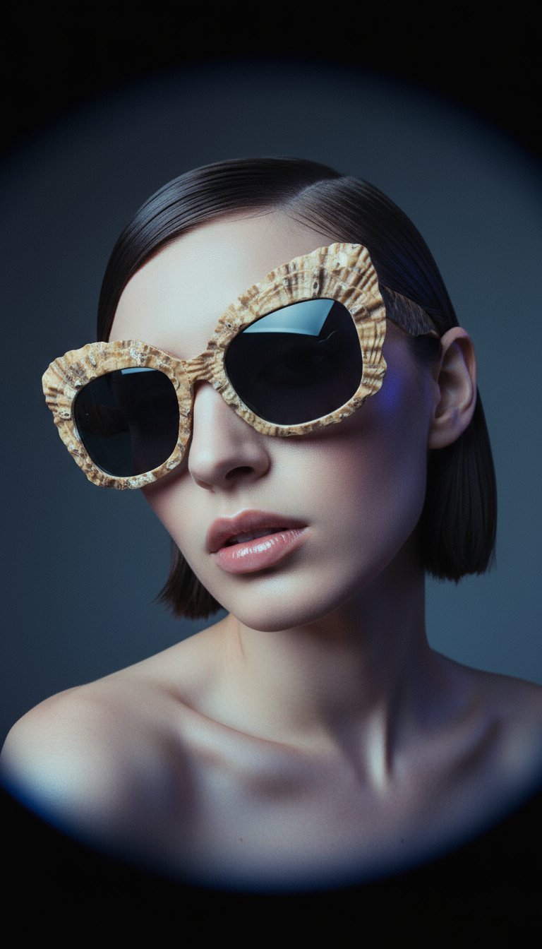 AI product shot of Sustainable sunglasses made from discarded oyster shells