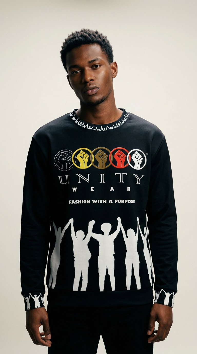 AI product shot of Unity Wear Shared All-Black with White Print Unisex O-neck Sweatshirt | 310GSM Cotton