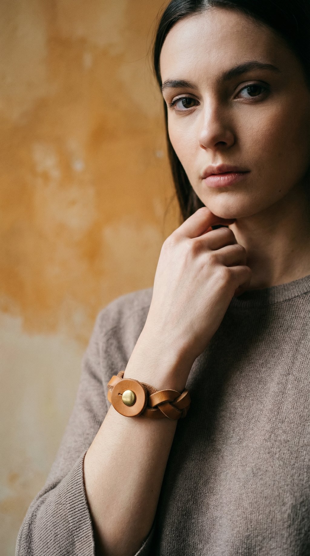 AI product shot of Leather Bracelet "Hossegor Nature" Braided / Lederarmband geflochten Natur