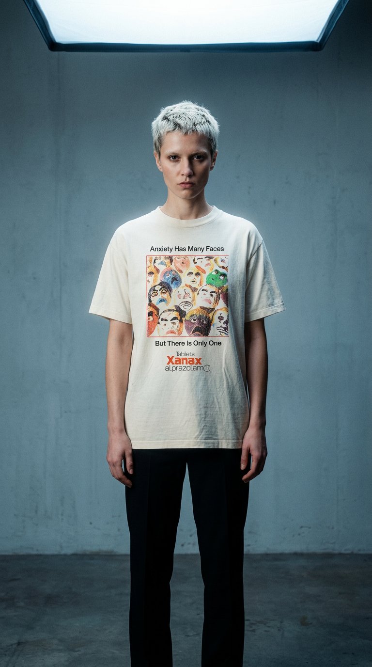 AI product shot of ANXIETY HAS MANY FACES – 90s PHARMA PARODY WHITE T-SHIRT