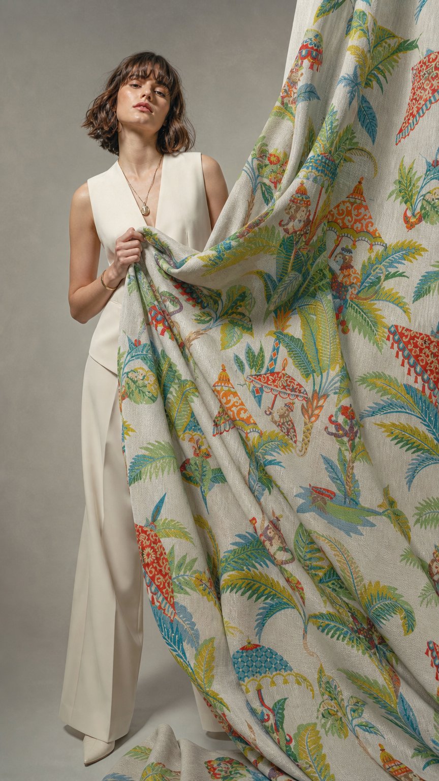 AI product shot of Printed Linen Curtaining - Treetop Mischief