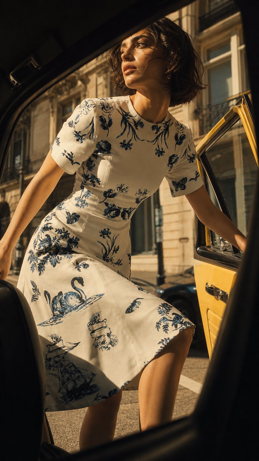 AI product shot of Floral Cotton Faille Short Sleeve Midi Dress