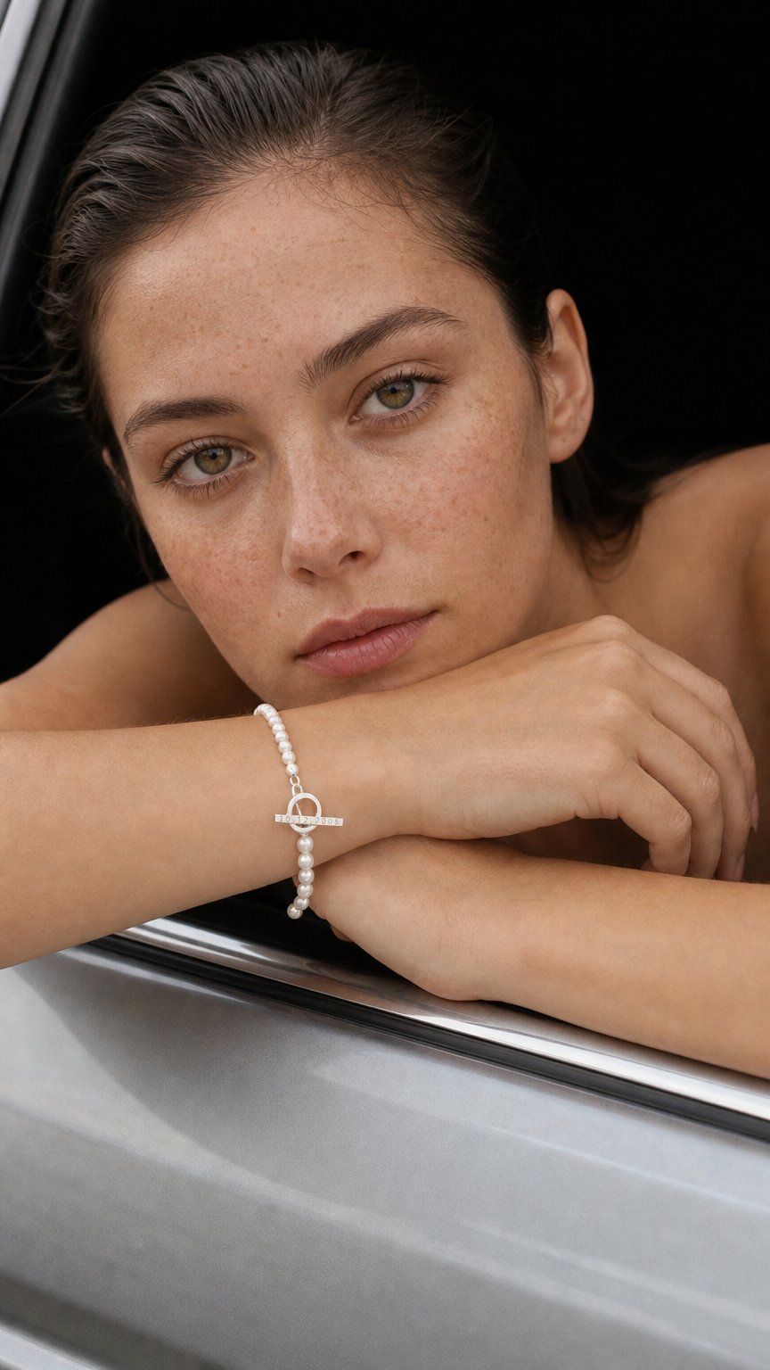 AI product shot of Personalised Pearl Bracelet with Sterling Silver T-Bar Clasp