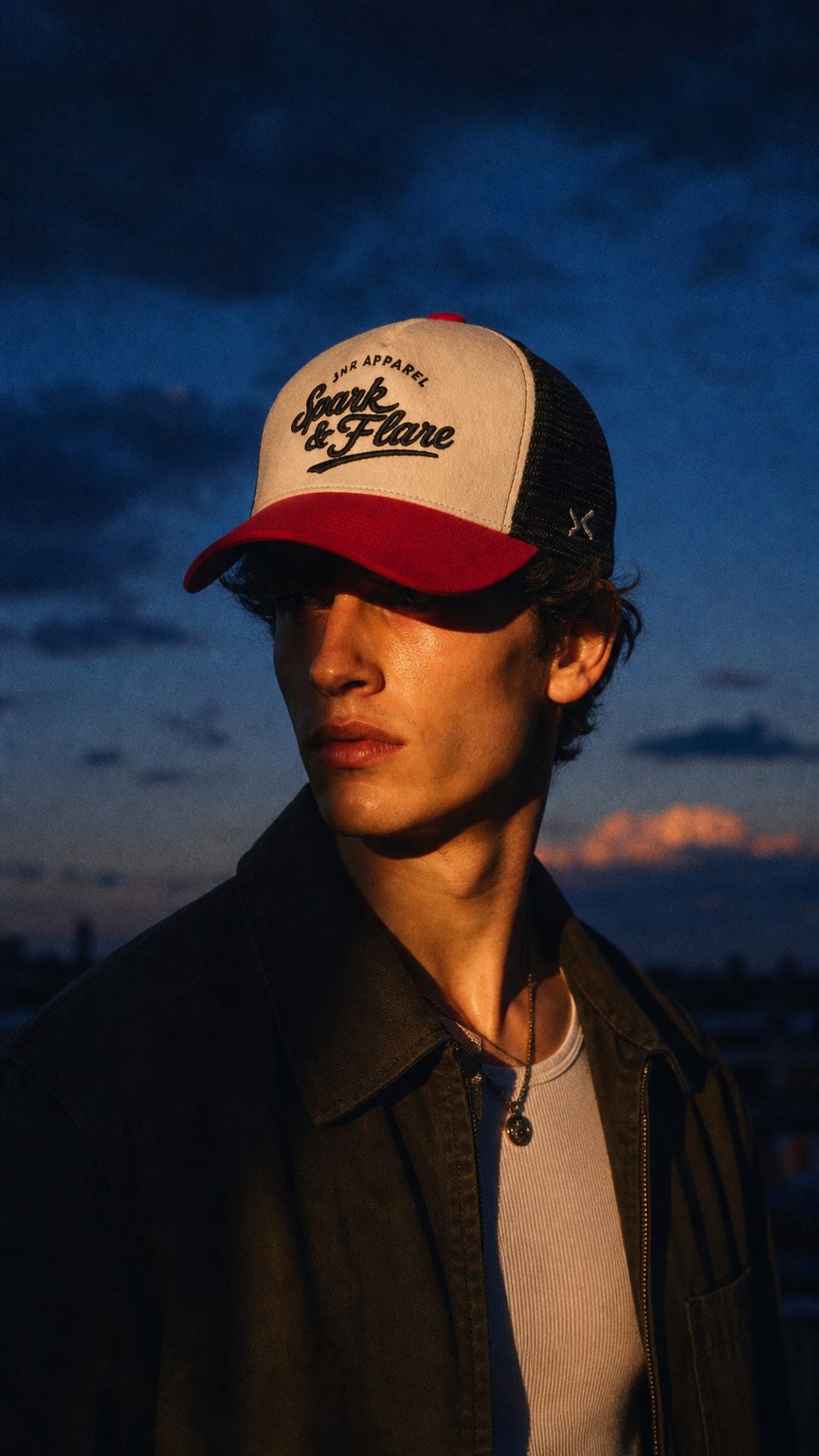 AI product shot of Spark & Flare Signature - Adjustable Snapback Trucker Cap – White, Black x Red